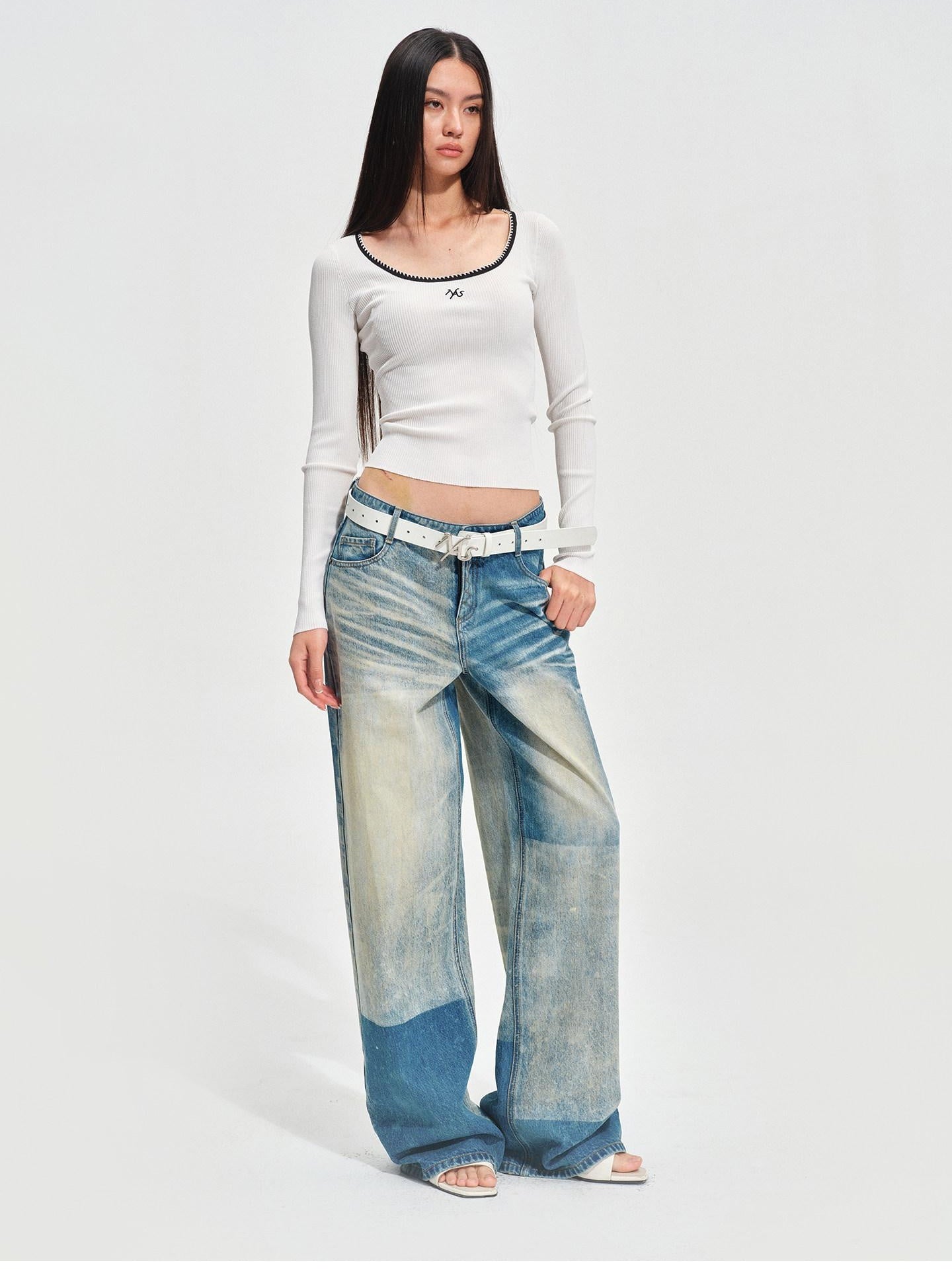 NAWSNOTAWEAR Durable Vintage Equestrian Distressed Natural Waist Galaxy Blue Wide Leg Jeans