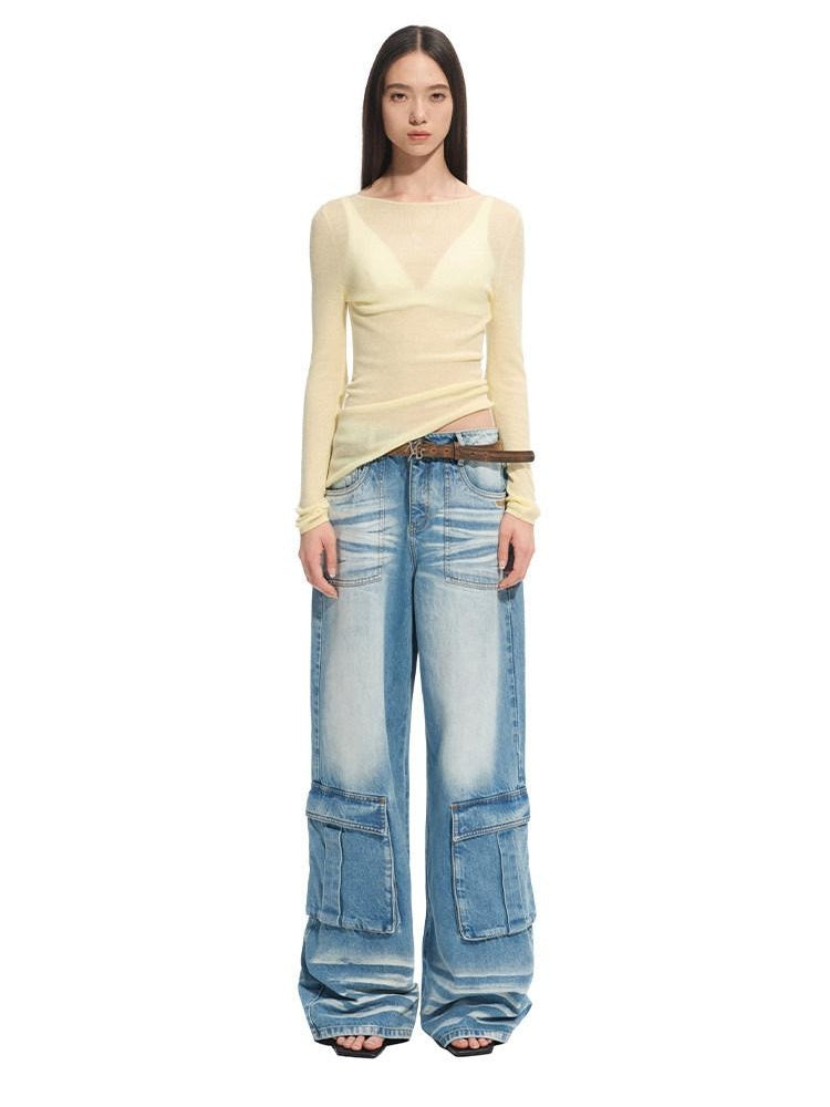 NAWSNOTAWEAR Durable Washed Cotton Casual Low Rise Loose Glacier Blue Women Wide Leg Jeans