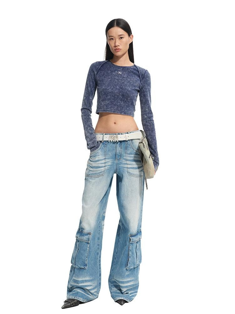 NAWSNOTAWEAR Durable Washed Cotton Casual Low Rise Loose Glacier Blue Women Wide Leg Jeans