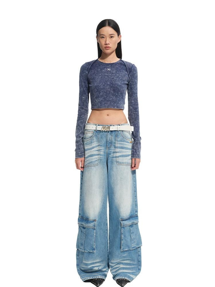 NAWSNOTAWEAR Durable Washed Cotton Casual Low Rise Loose Glacier Blue Women Wide Leg Jeans