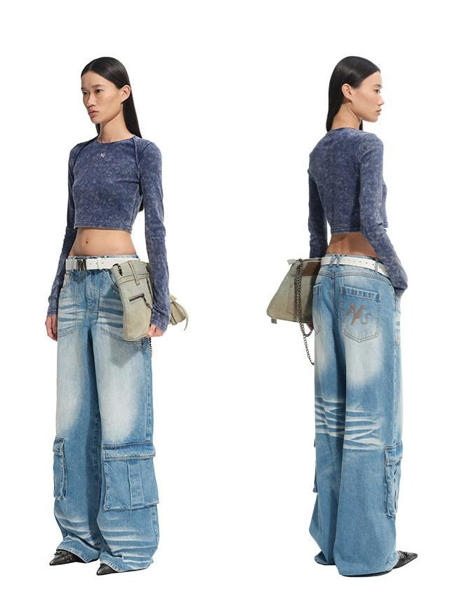 NAWSNOTAWEAR Durable Washed Cotton Casual Low Rise Loose Glacier Blue Women Wide Leg Jeans