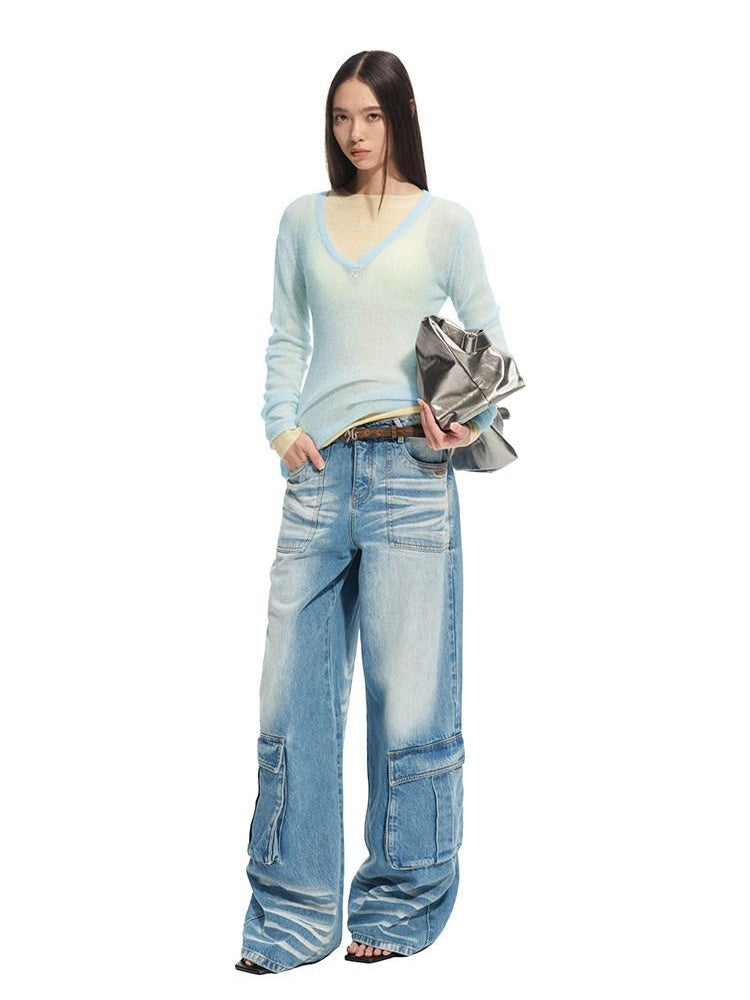 NAWSNOTAWEAR Durable Washed Cotton Casual Low Rise Loose Glacier Blue Women Wide Leg Jeans