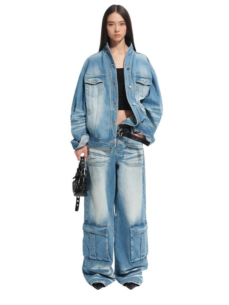 NAWSNOTAWEAR Durable Washed Cotton Casual Low Rise Loose Glacier Blue Women Wide Leg Jeans