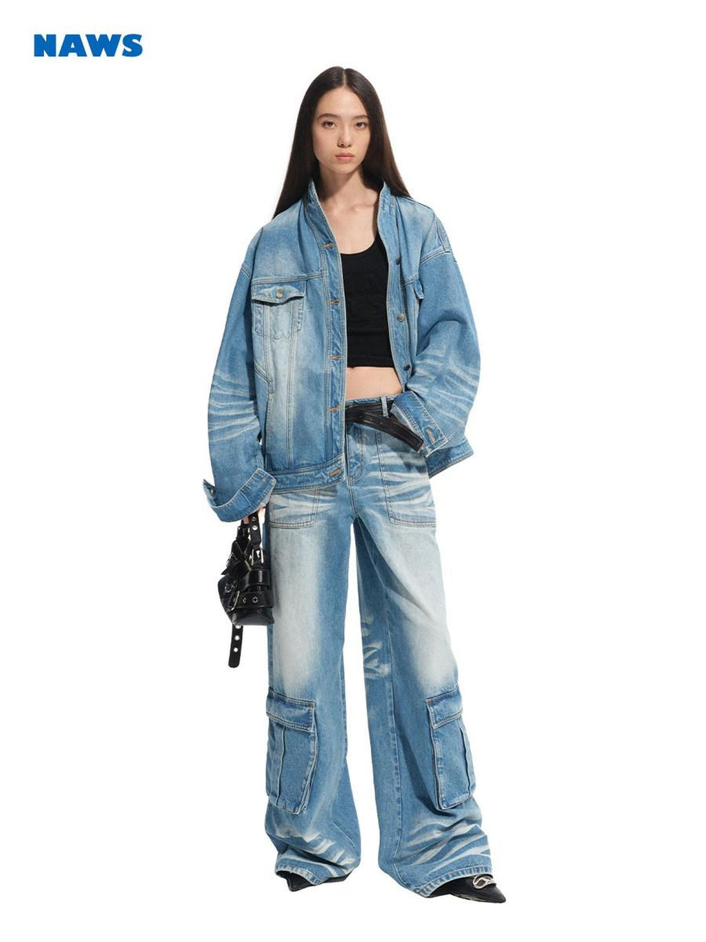 NAWSNOTAWEAR Durable Washed Cotton Casual Low Rise Loose Glacier Blue Women Wide Leg Jeans