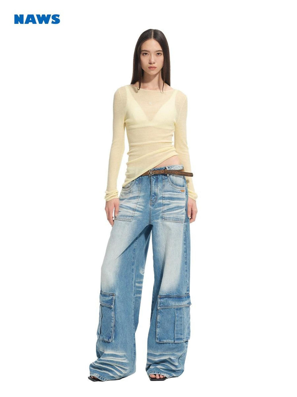 NAWSNOTAWEAR Durable Washed Cotton Casual Low Rise Loose Glacier Blue Women Wide Leg Jeans