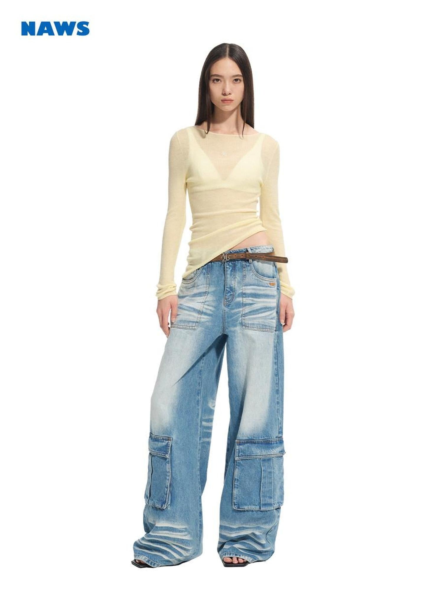 NAWSNOTAWEAR Durable Washed Cotton Casual Low Rise Loose Glacier Blue Women Wide Leg Jeans