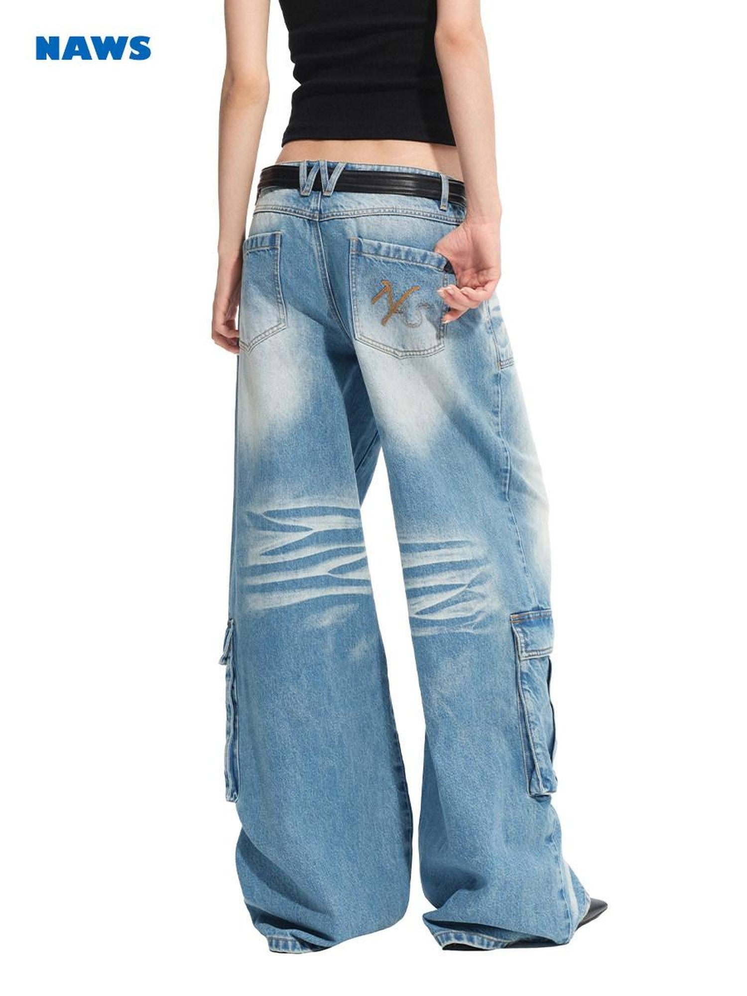 NAWSNOTAWEAR Durable Washed Cotton Casual Low Rise Loose Glacier Blue Women Wide Leg Jeans