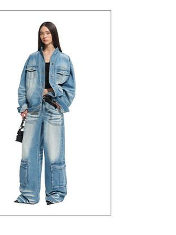 NAWSNOTAWEAR Durable Washed Cotton Casual Low Rise Loose Glacier Blue Women Wide Leg Jeans
