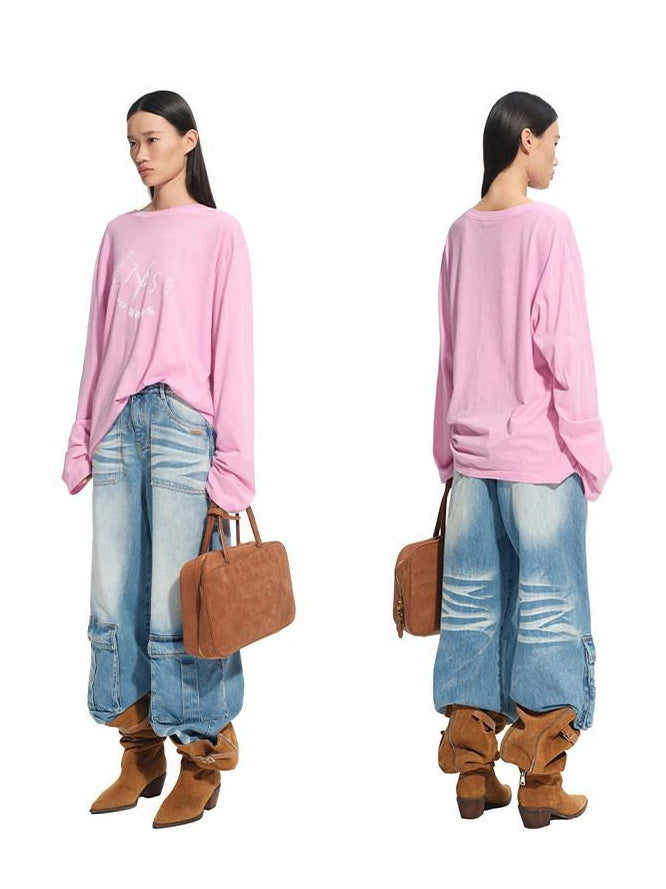 NAWSNOTAWEAR Durable Washed Cotton Casual Low Rise Loose Glacier Blue Women Wide Leg Jeans