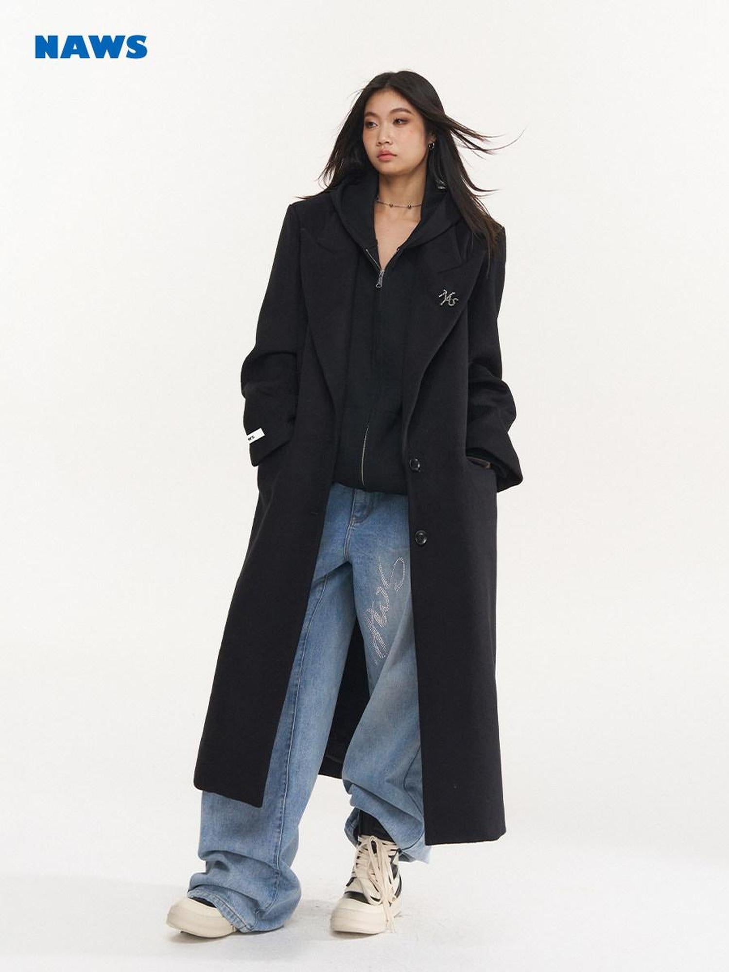 NAWSNOTAWEAR Elegant Black Wool Blend Single Breasted Notch Collar Women Workwear Wool Coats