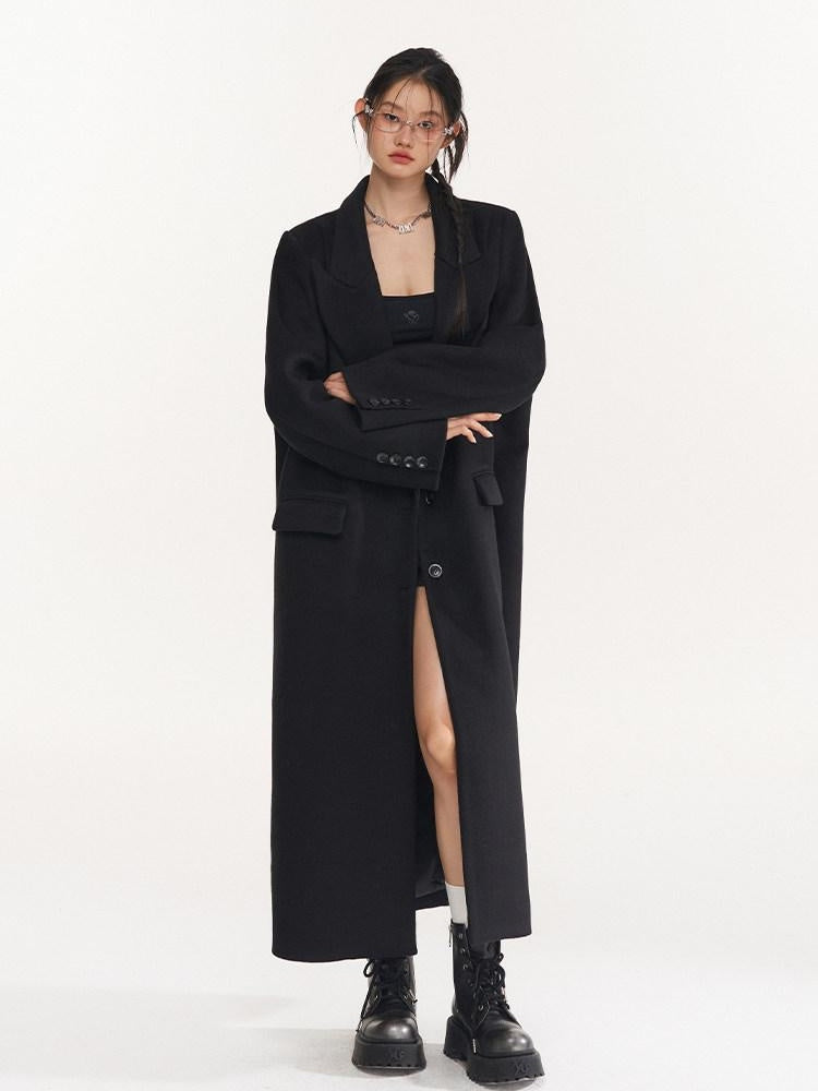 NAWSNOTAWEAR Elegant Black Wool Blend Single Breasted Notch Collar Women Workwear Wool Coats