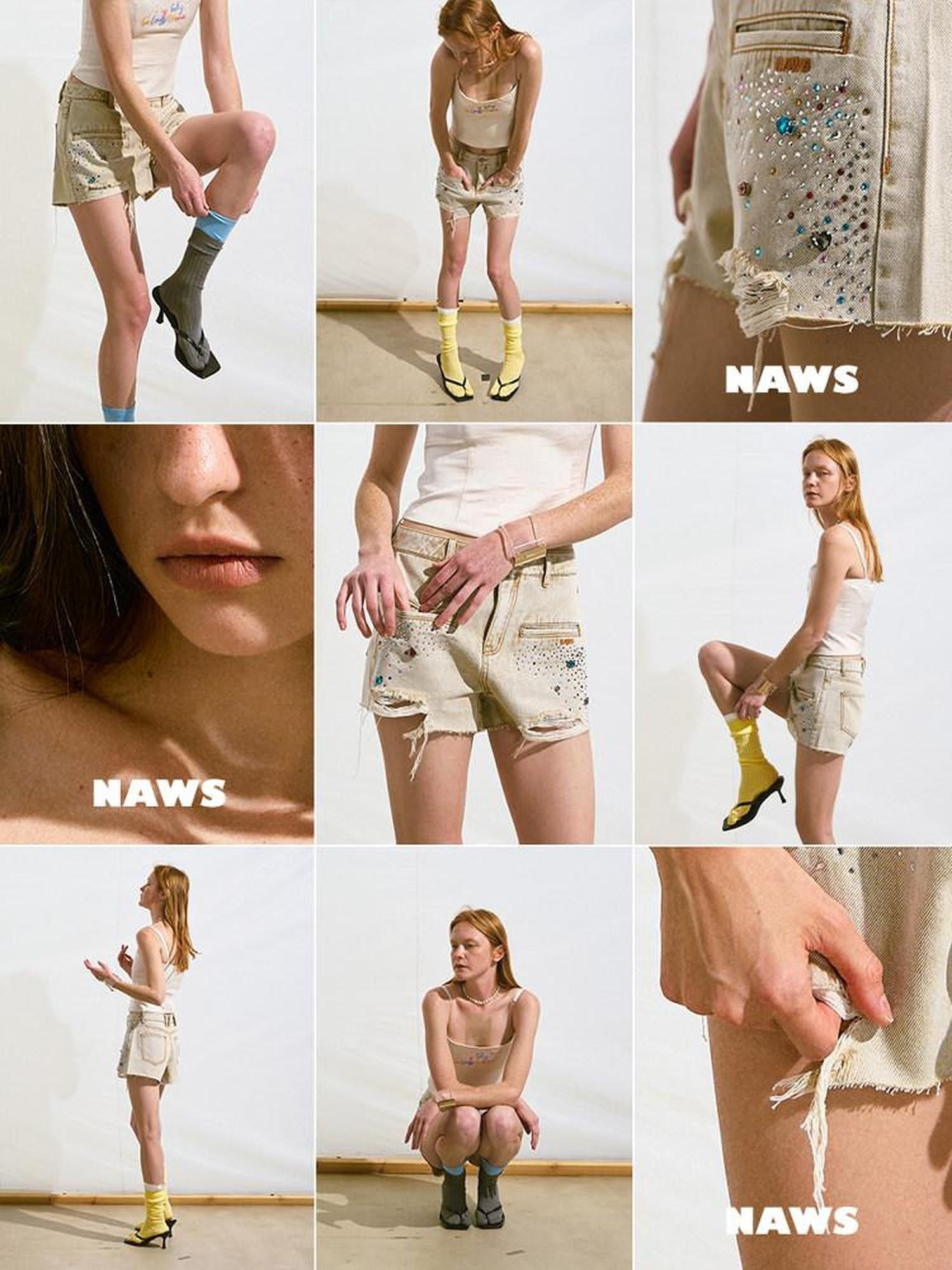 NAWSNOTAWEAR Embroidered Cotton Natural Waist Loose Straight Unisex Desert Brown Denim Shorts