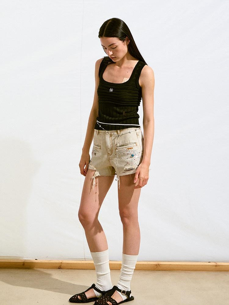 NAWSNOTAWEAR Embroidered Cotton Natural Waist Loose Straight Unisex Desert Brown Denim Shorts