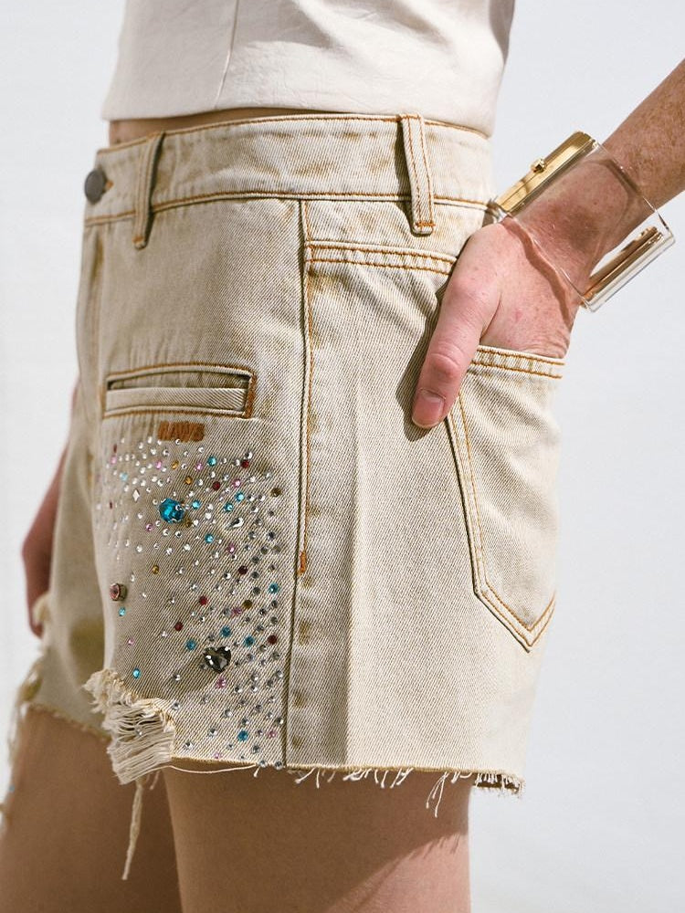 NAWSNOTAWEAR Embroidered Cotton Natural Waist Loose Straight Unisex Desert Brown Denim Shorts