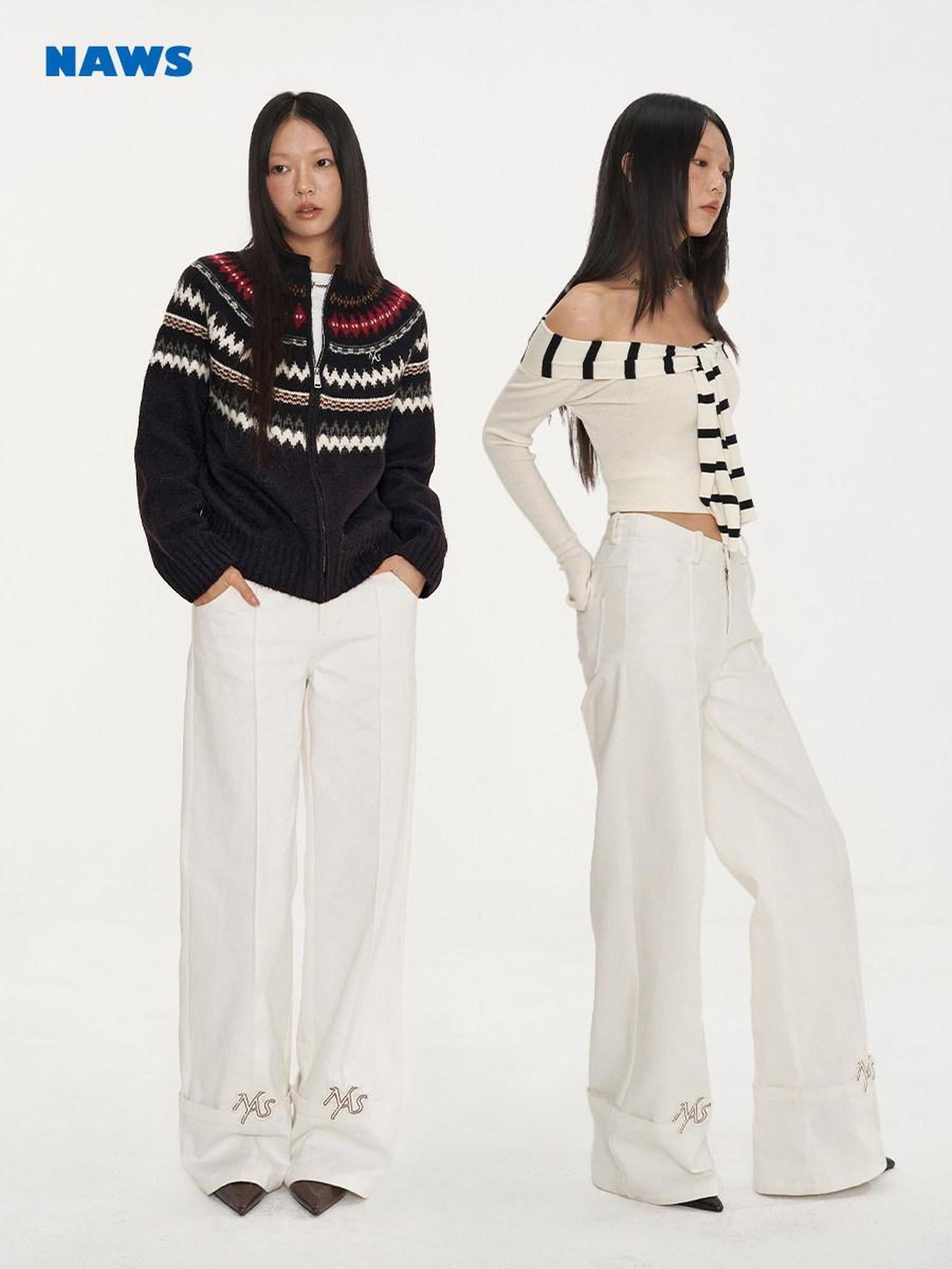 NAWSNOTAWEAR Embroidered Cotton Natural Waist Zipper Office Unisex Moon White Straight Pants