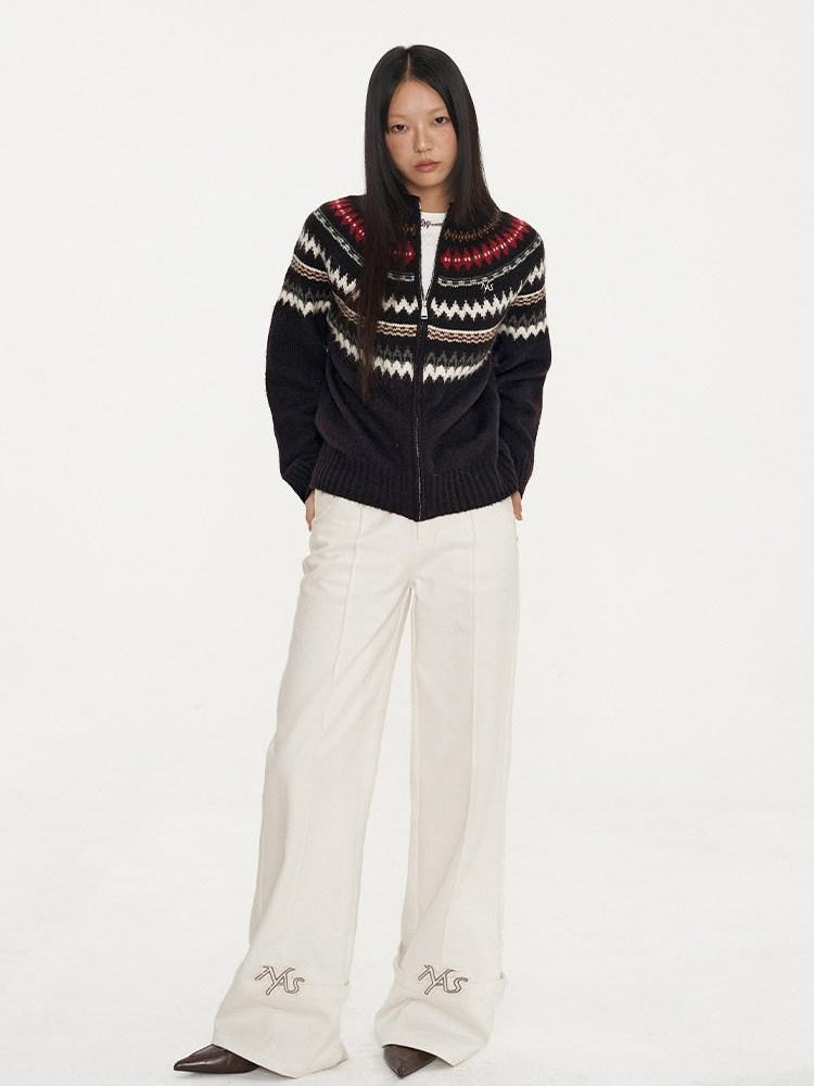 NAWSNOTAWEAR Embroidered Cotton Natural Waist Zipper Office Unisex Moon White Straight Pants