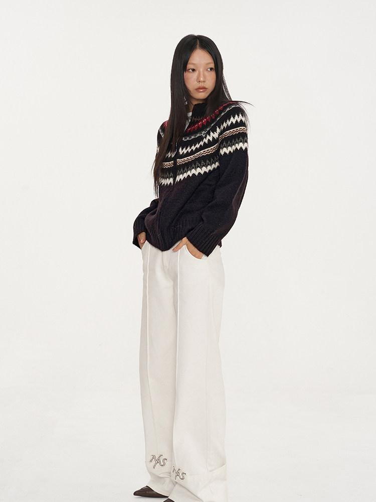 NAWSNOTAWEAR Embroidered Cotton Natural Waist Zipper Office Unisex Moon White Straight Pants