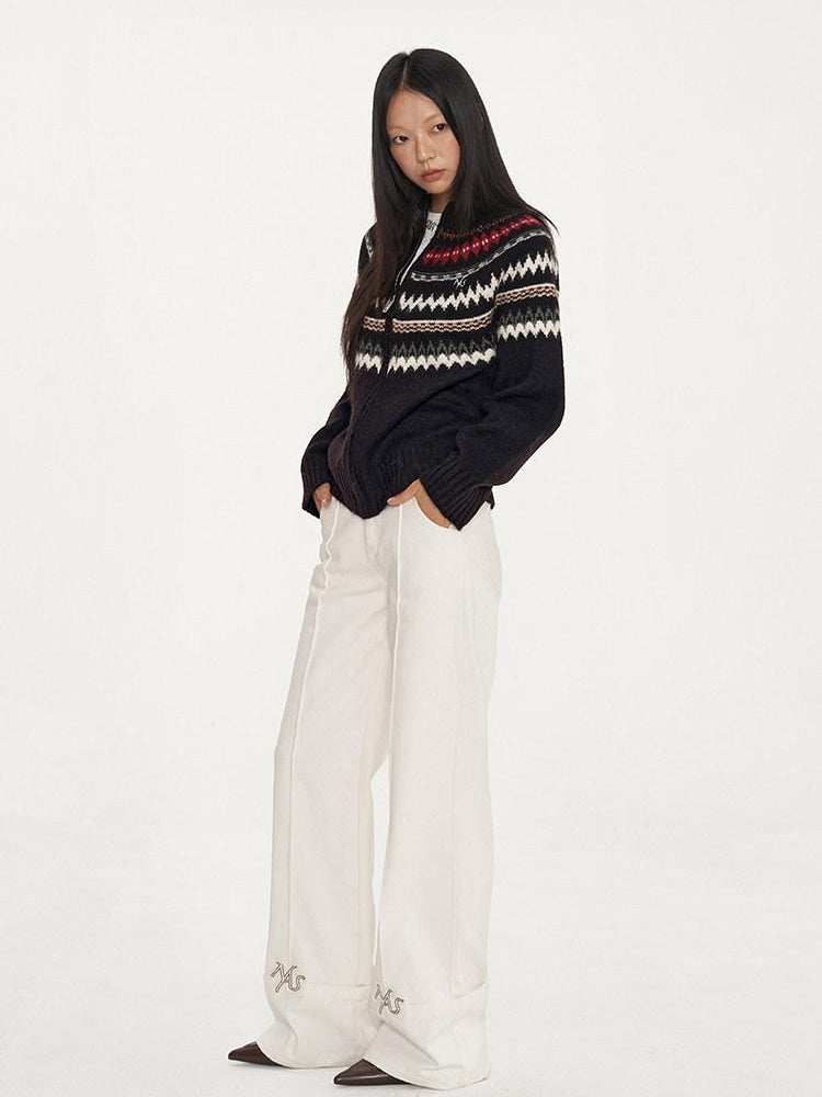 NAWSNOTAWEAR Embroidered Cotton Natural Waist Zipper Office Unisex Moon White Straight Pants