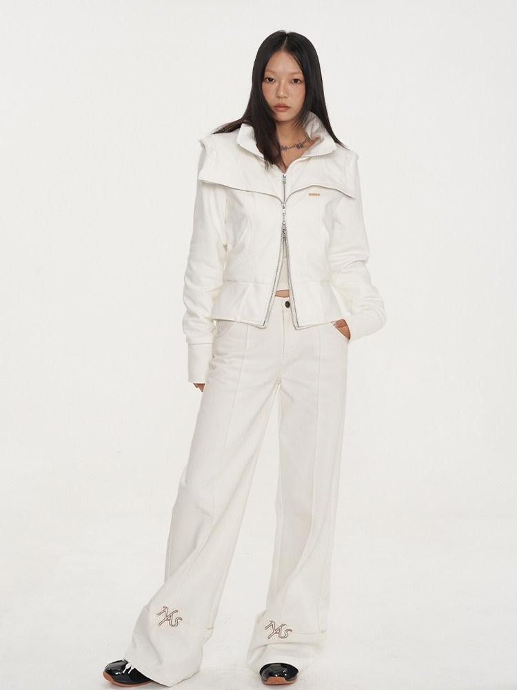 NAWSNOTAWEAR Embroidered Cotton Natural Waist Zipper Office Unisex Moon White Straight Pants
