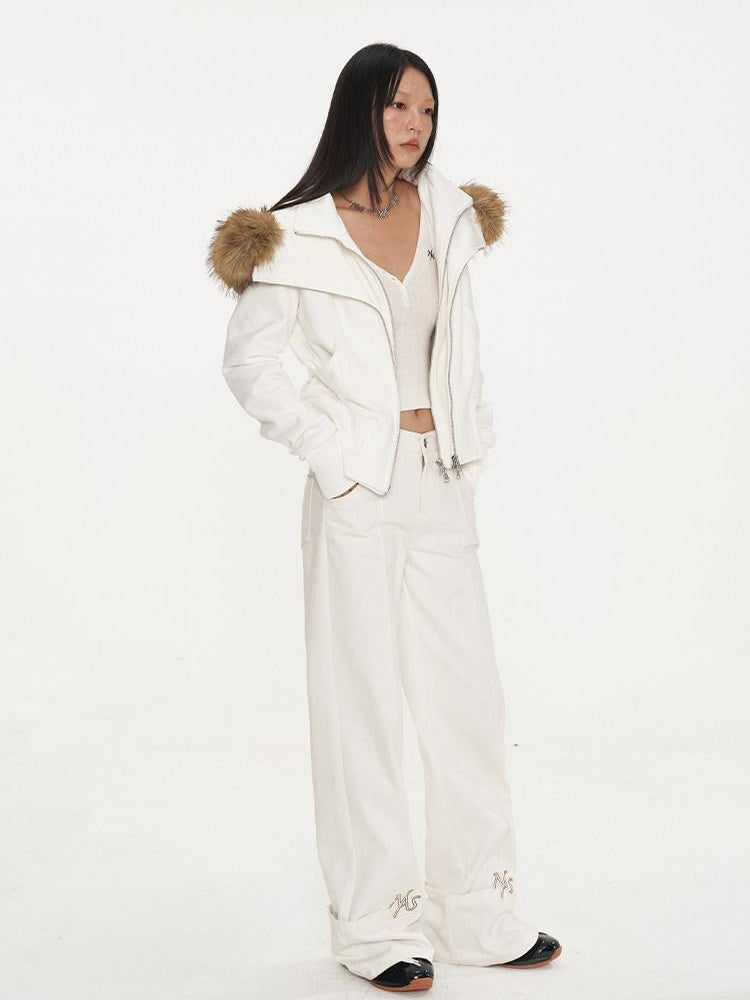 NAWSNOTAWEAR Embroidered Cotton Natural Waist Zipper Office Unisex Moon White Straight Pants