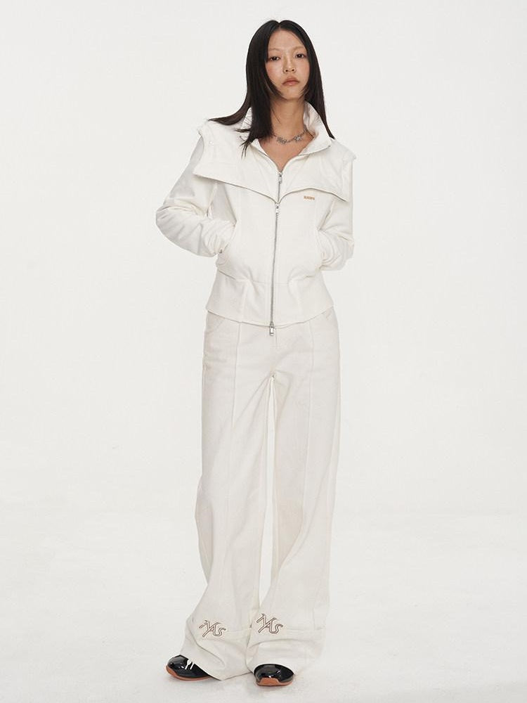 NAWSNOTAWEAR Embroidered Cotton Natural Waist Zipper Office Unisex Moon White Straight Pants