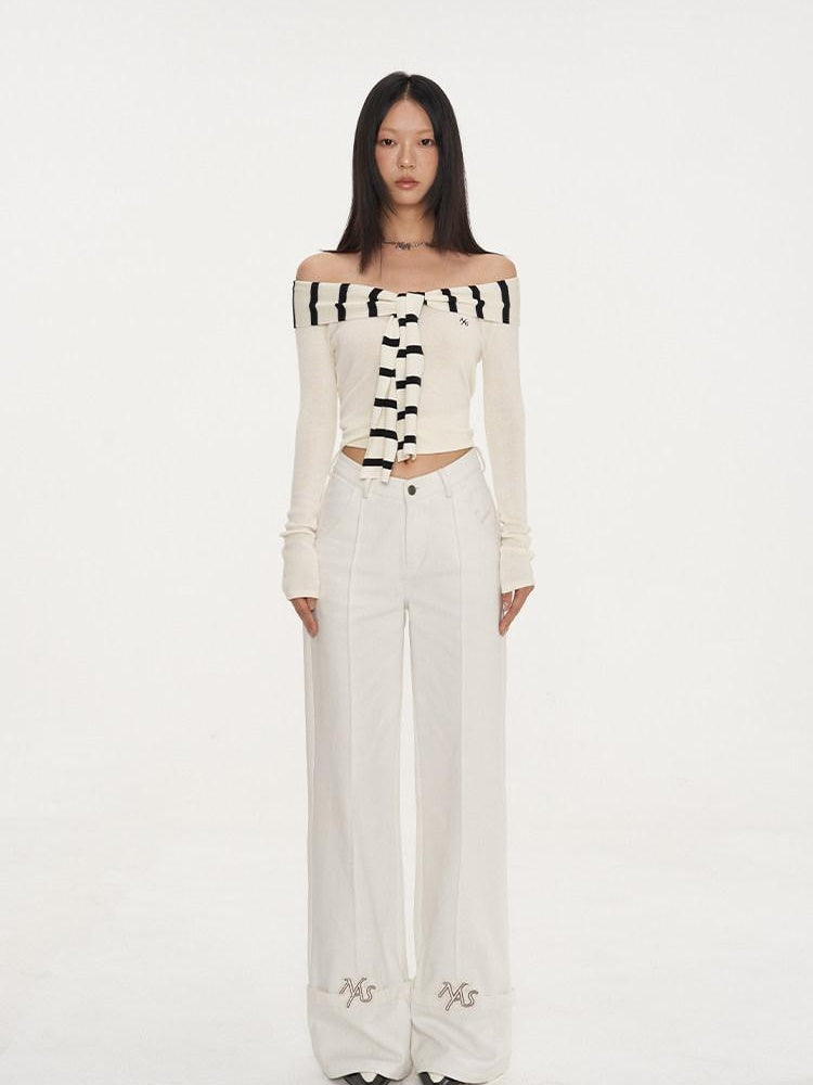 NAWSNOTAWEAR Embroidered Cotton Natural Waist Zipper Office Unisex Moon White Straight Pants