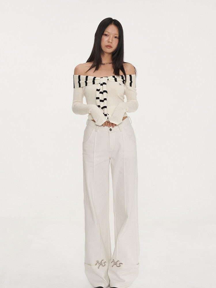 NAWSNOTAWEAR Embroidered Cotton Natural Waist Zipper Office Unisex Moon White Straight Pants