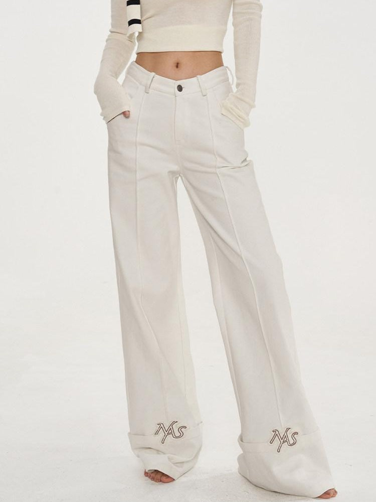 NAWSNOTAWEAR Embroidered Cotton Natural Waist Zipper Office Unisex Moon White Straight Pants