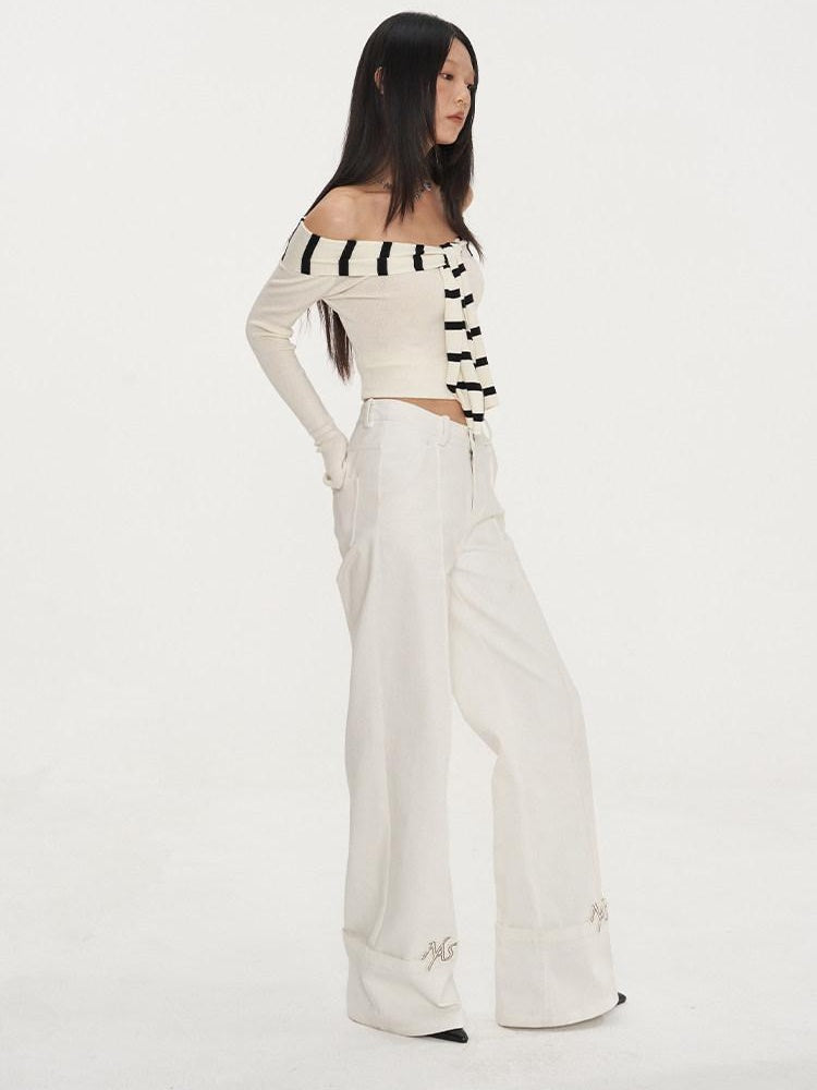 NAWSNOTAWEAR Embroidered Cotton Natural Waist Zipper Office Unisex Moon White Straight Pants