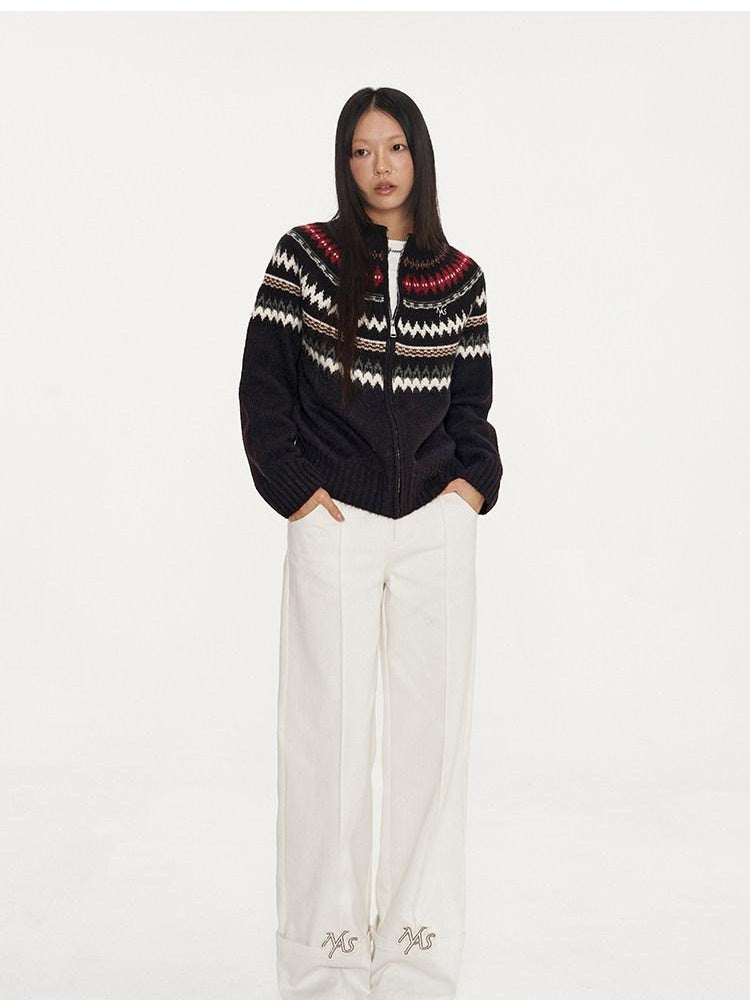 NAWSNOTAWEAR Embroidered Cotton Natural Waist Zipper Office Unisex Moon White Straight Pants
