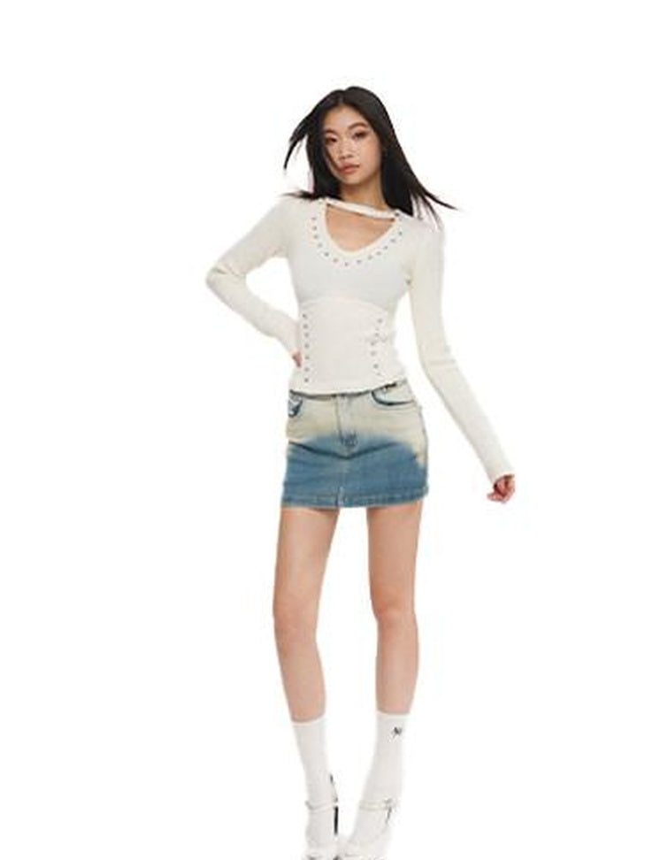 NAWSNOTAWEAR Embroidered Low Waist Slim Fit Washed Stretch Cotton Office Mini Skirts