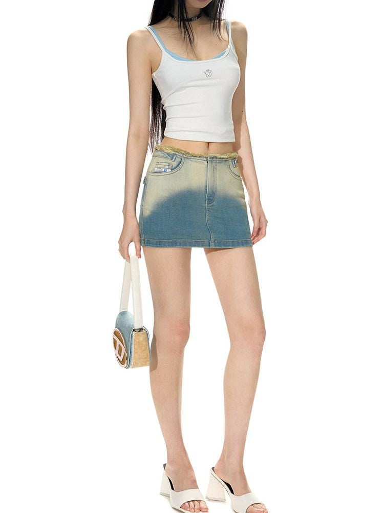 NAWSNOTAWEAR Embroidered Low Waist Slim Fit Washed Stretch Cotton Office Mini Skirts