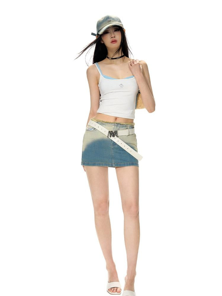 NAWSNOTAWEAR Embroidered Low Waist Slim Fit Washed Stretch Cotton Office Mini Skirts