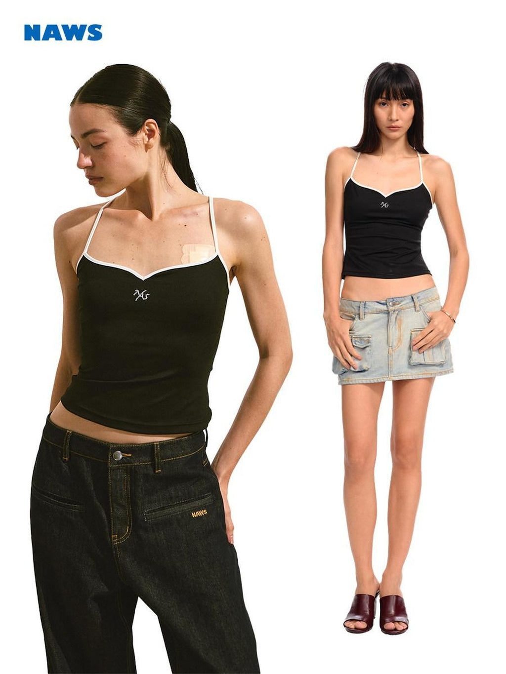 NAWSNOTAWEAR Embroidered Slim V-neck Cropped Cami For Women Solid Stretch Camisoles