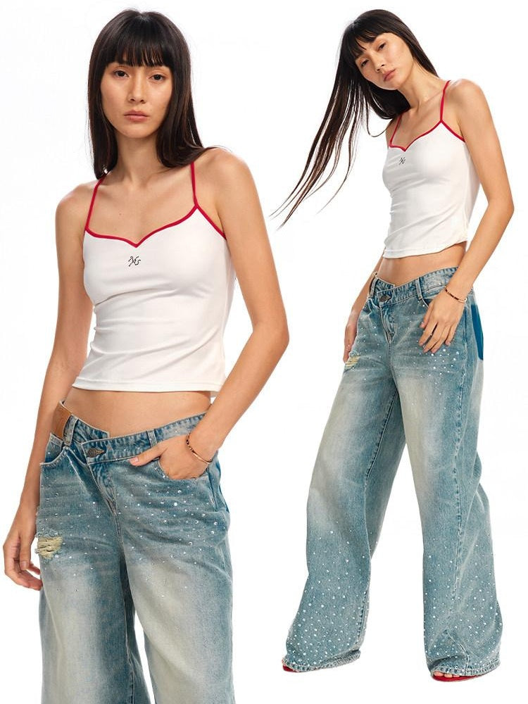NAWSNOTAWEAR Embroidered Slim V-neck Cropped Cami For Women Solid Stretch Camisoles