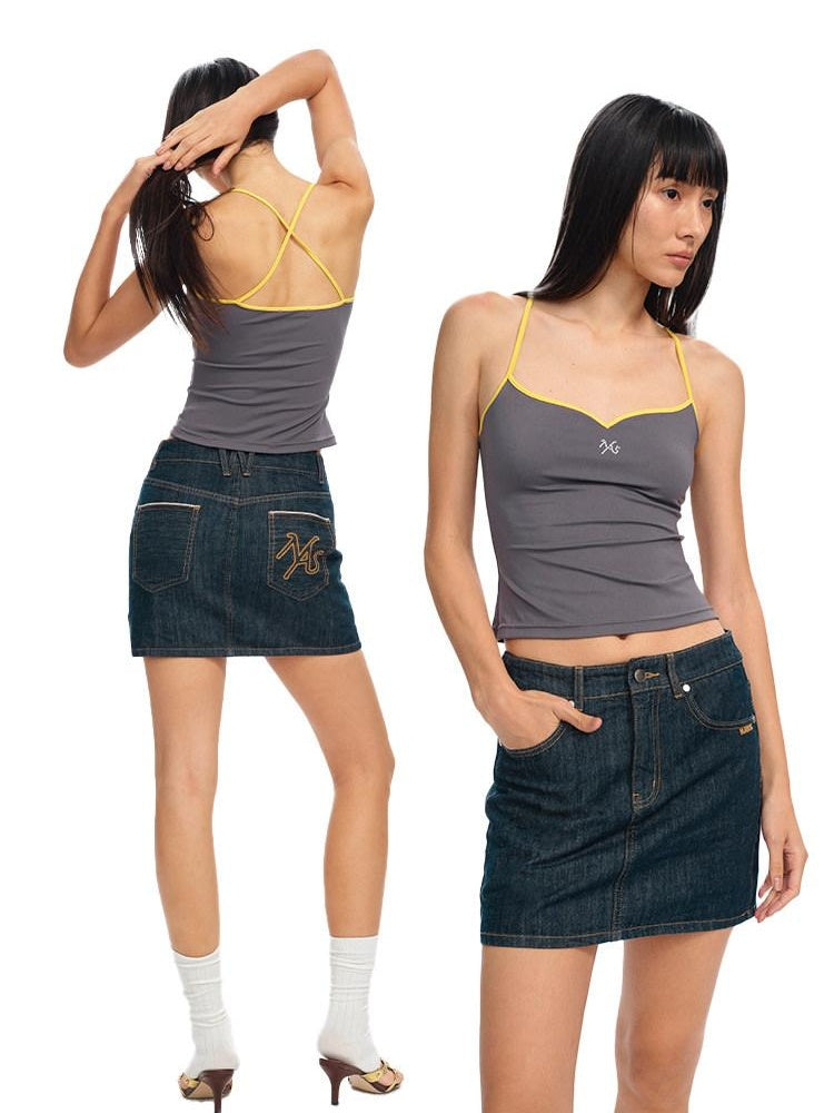 NAWSNOTAWEAR Embroidered Slim V-neck Cropped Cami For Women Solid Stretch Camisoles