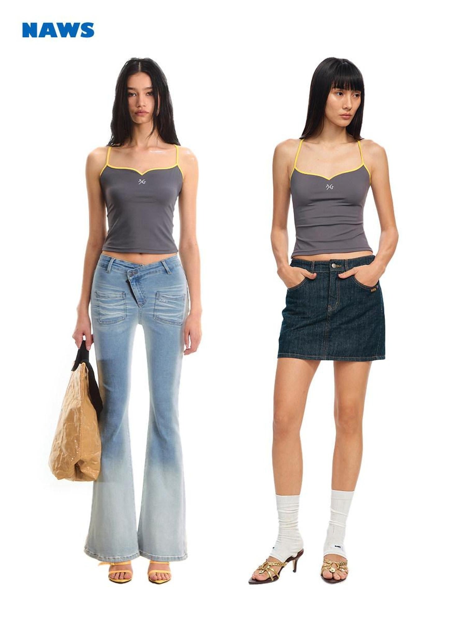NAWSNOTAWEAR Embroidered Slim V-neck Cropped Cami For Women Solid Stretch Camisoles