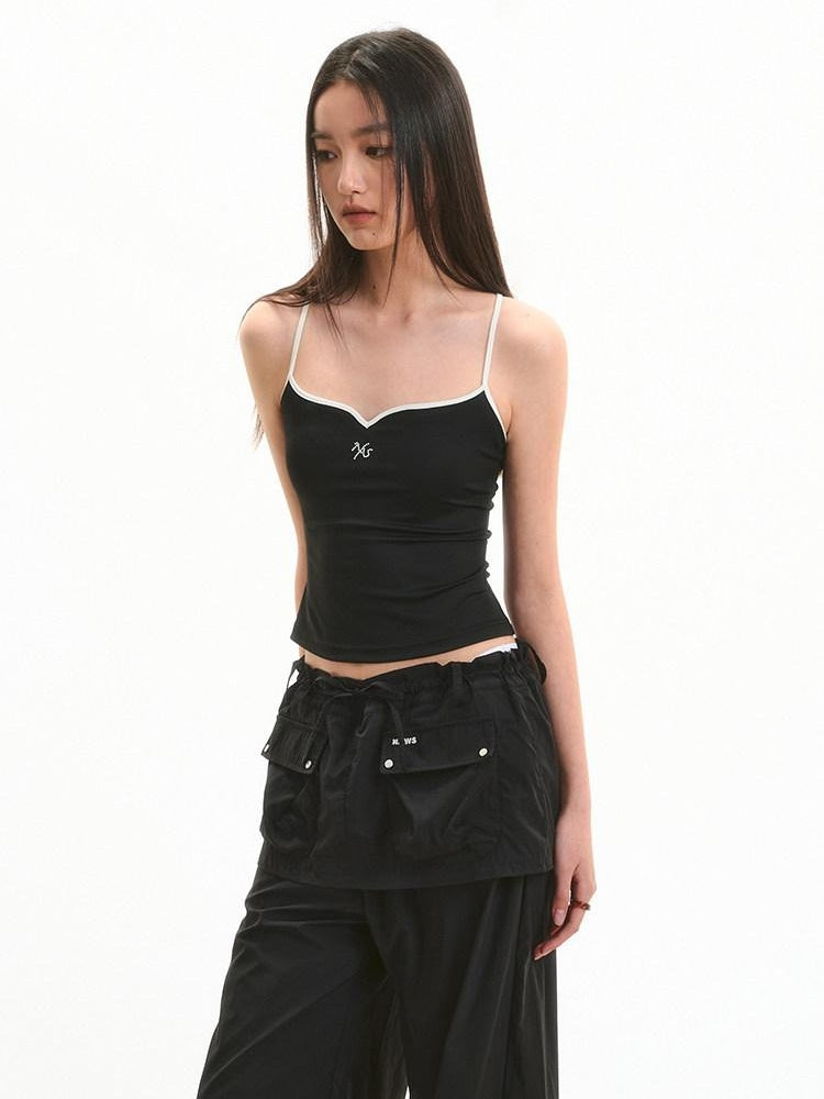 NAWSNOTAWEAR Embroidered Slim V-neck Cropped Cami For Women Solid Stretch Camisoles