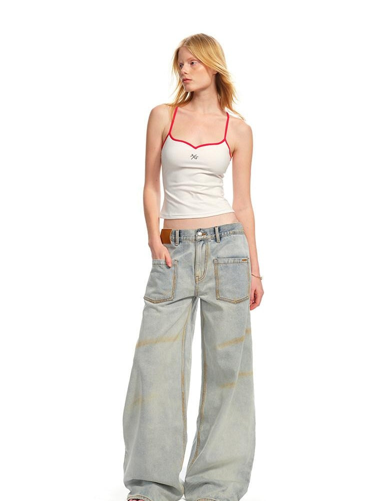 NAWSNOTAWEAR Embroidered Slim V-neck Cropped Cami For Women Solid Stretch Camisoles