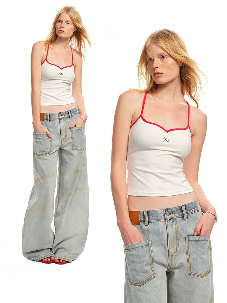 NAWSNOTAWEAR Embroidered Slim V-neck Cropped Cami For Women Solid Stretch Camisoles