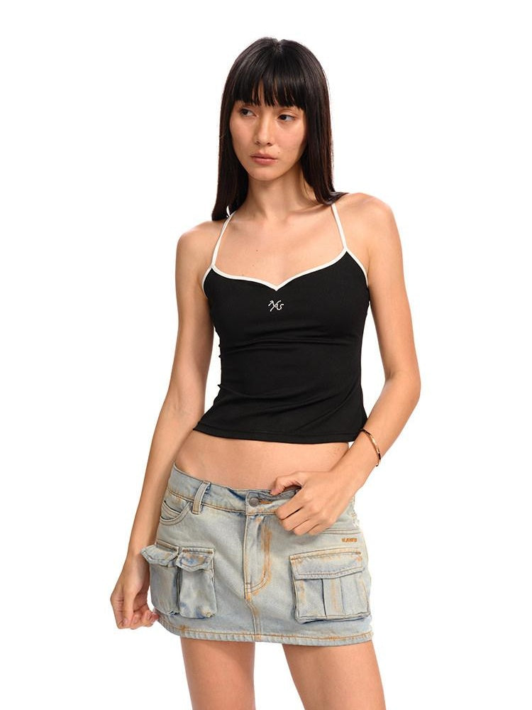 NAWSNOTAWEAR Embroidered Slim V-neck Cropped Cami For Women Solid Stretch Camisoles