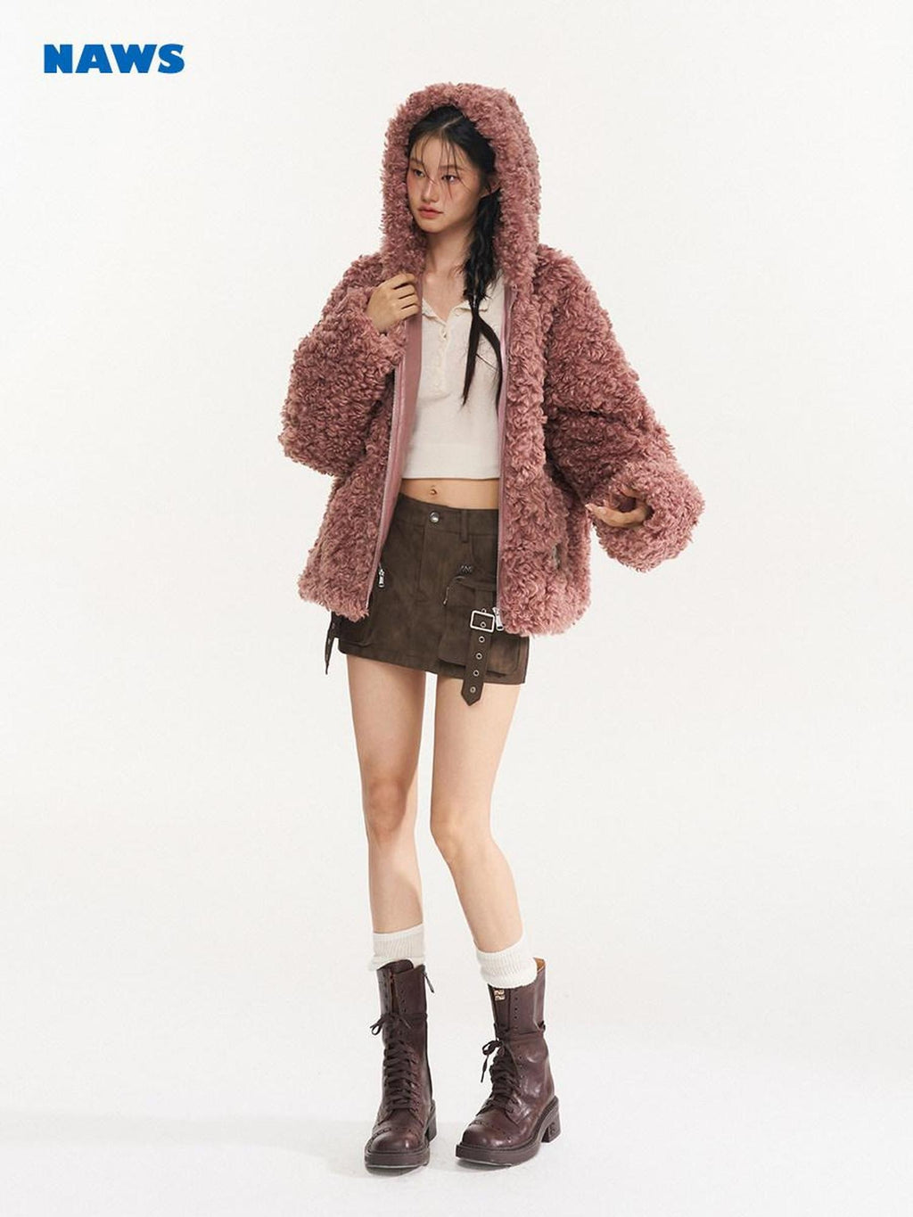 NAWSNOTAWEAR Faux Fur Trim Hooded Zipper Commuter Women Black Blush Short Coat