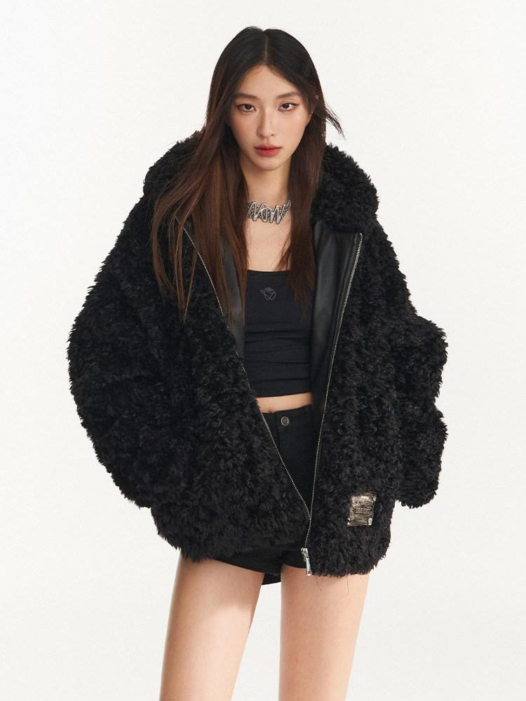 NAWSNOTAWEAR Faux Fur Trim Hooded Zipper Commuter Women Black Blush Short Coat
