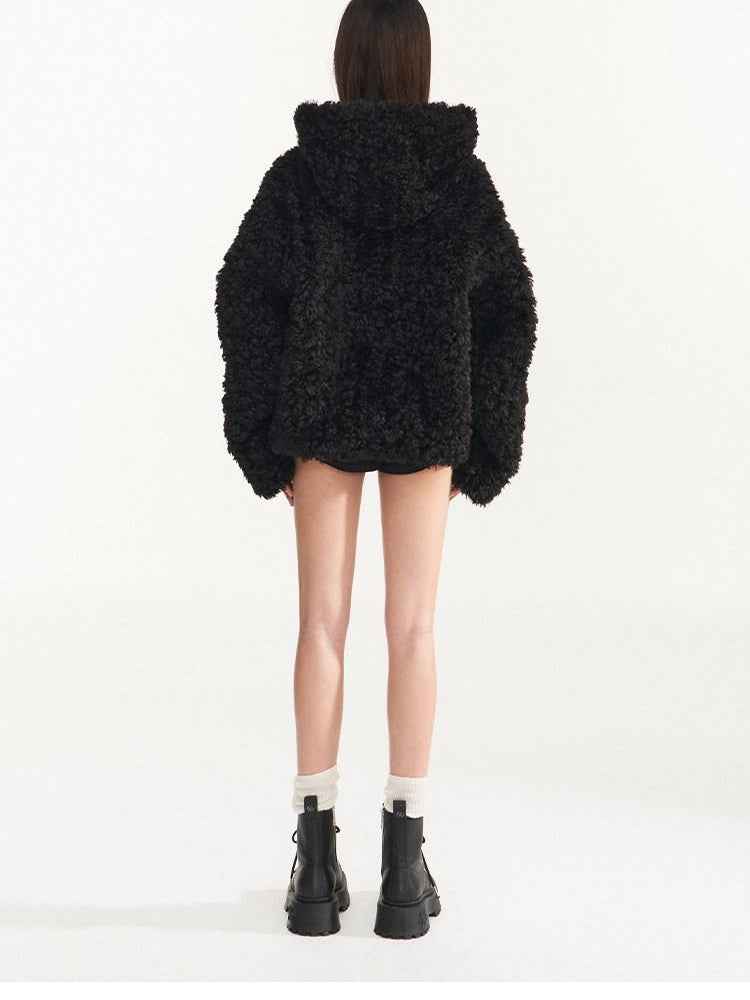 NAWSNOTAWEAR Faux Fur Trim Hooded Zipper Commuter Women Black Blush Short Coat