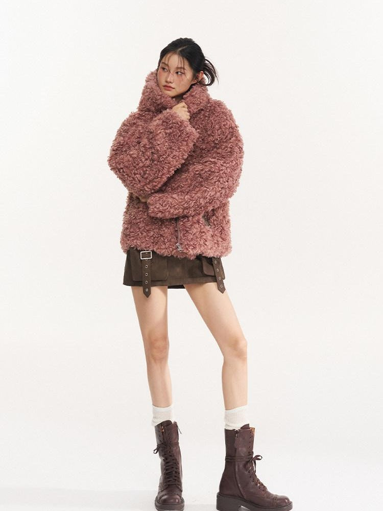 NAWSNOTAWEAR Faux Fur Trim Hooded Zipper Commuter Women Black Blush Short Coat