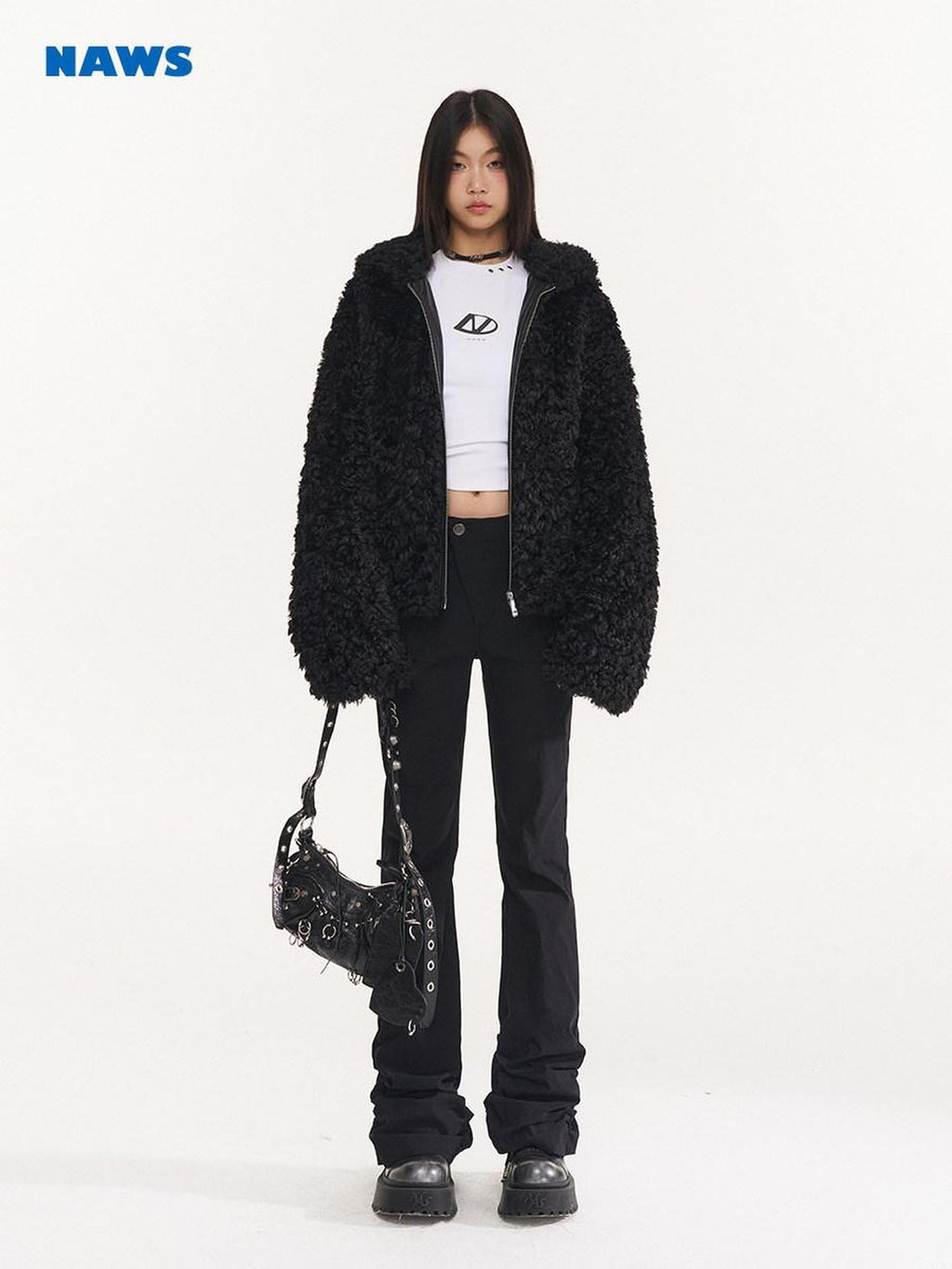 NAWSNOTAWEAR Faux Fur Trim Hooded Zipper Commuter Women Black Blush Short Coat