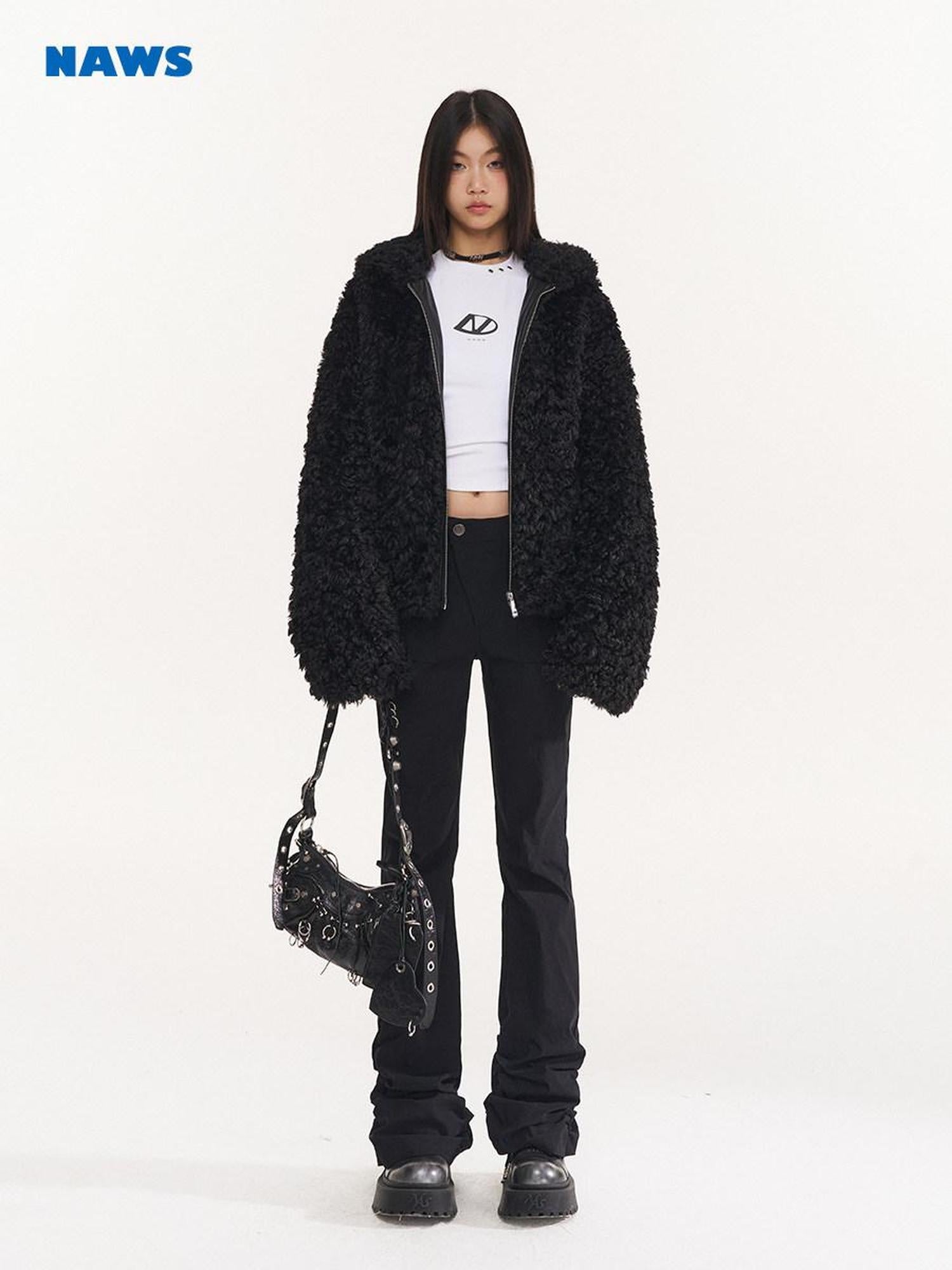 NAWSNOTAWEAR Faux Fur Trim Hooded Zipper Commuter Women Black Blush Short Coat