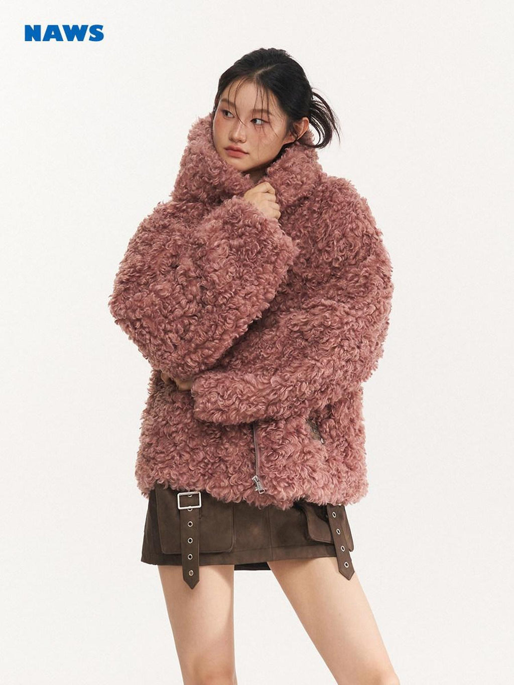 NAWSNOTAWEAR Faux Fur Trim Hooded Zipper Commuter Women Black Blush Short Coat