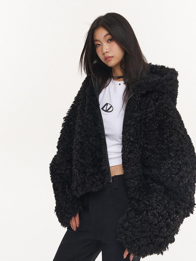 NAWSNOTAWEAR Faux Fur Trim Hooded Zipper Commuter Women Black Blush Short Coat