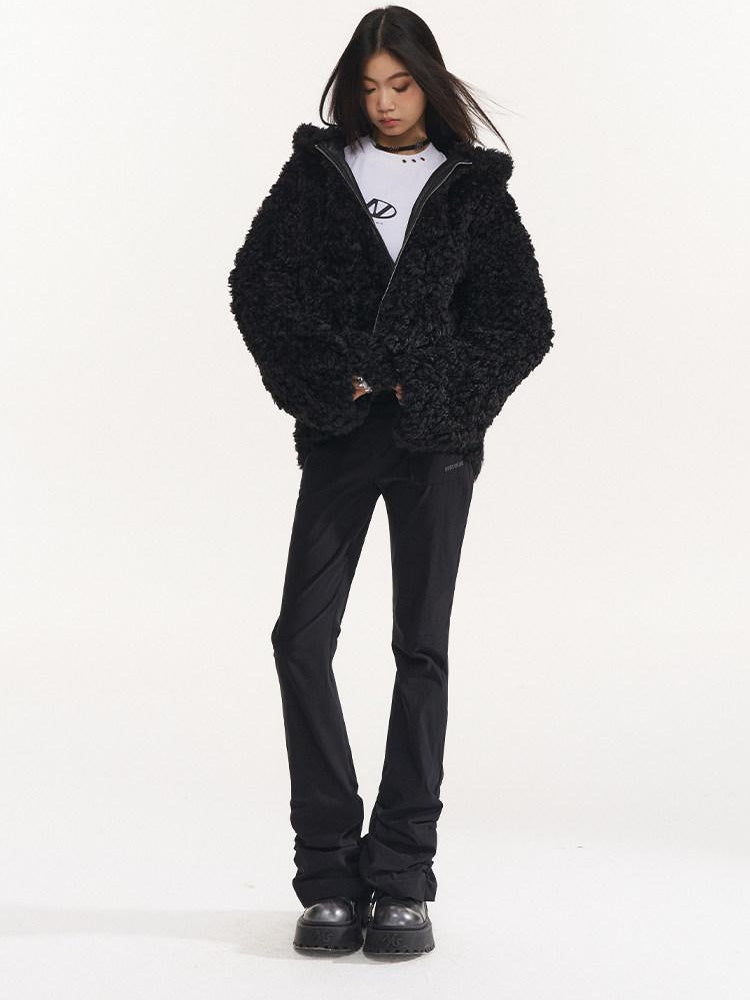 NAWSNOTAWEAR Faux Fur Trim Hooded Zipper Commuter Women Black Blush Short Coat
